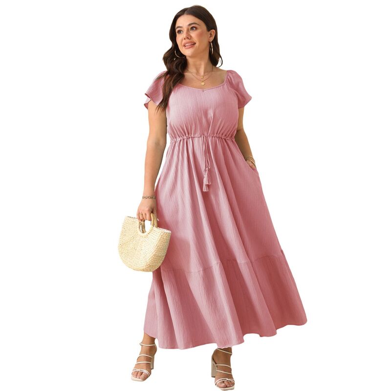 エリートスピリット レディース トップス ワンピース ハイウエスト プラスサイズ EliteSpirit Plusize Women Dresshort Sleeves High Waist Casual Summer Dress with Pocket Pink ピンク|ReVida 店