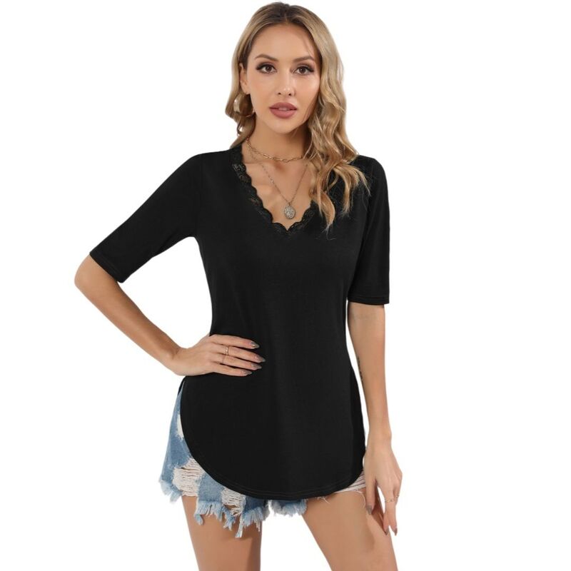上半身大きさ レディース トップス プルオーバー Vのど首 トップ スピード競技 BODDYSIZE Womens Casualace V Neck Dressy Blouse Top Short Sleeve Basic Tunic Shirts Black 黒いこと