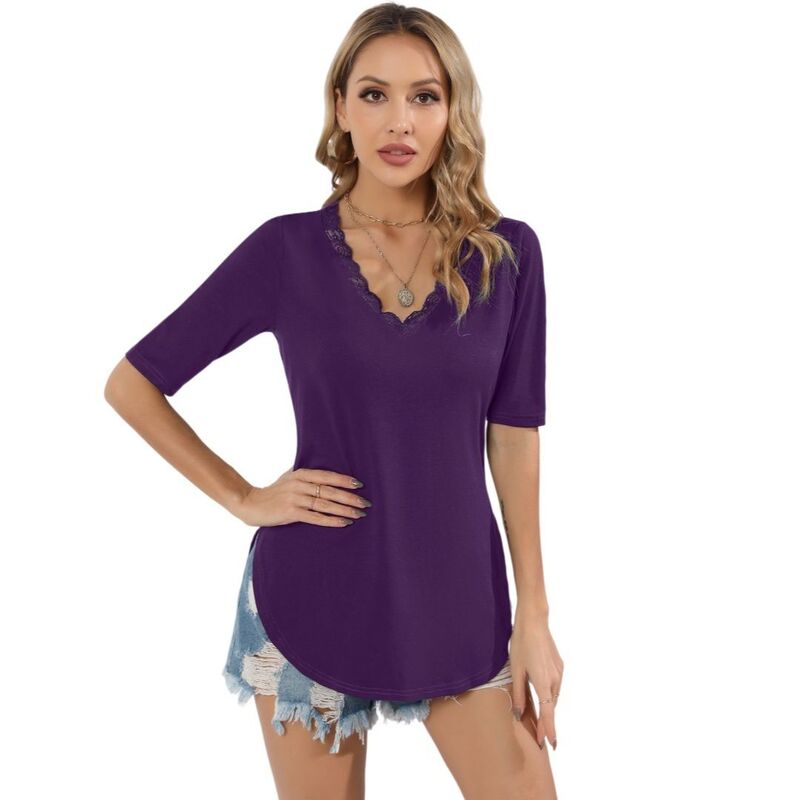 上半身大きさ レディース トップス プルオーバー Vのど首 トップ スピード競技 BODDYSIZE Womens Casualace V Neck Dressy Blouse Top Short Sleeve Basic Tunic Shirts Purple パープル