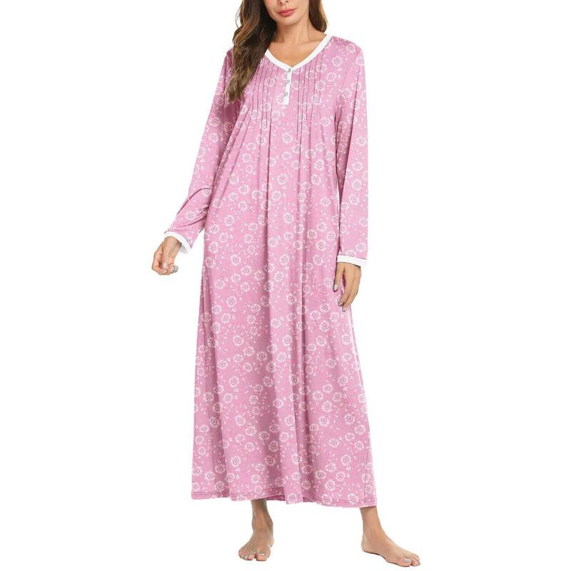 エコアー レディース アンダーお召しもの ナイト爵お召しもの プルオーバー Ekouaer Women\u0027s Long Sleeve Nightgown Fullength Sleepwear Long Sleepshirts Henley Sleep Dress Pink Florals サクラ色