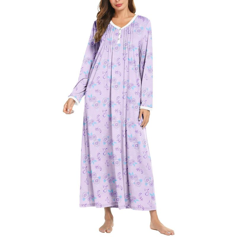 エコアー レディース アンダーお召しもの ナイト爵お召しもの プルオーバー Ekouaer Women\u0027s Long Sleeve Nightgown Fullength Sleepwear Long Sleepshirts Henley Sleep Dress Purple Flowers パープル