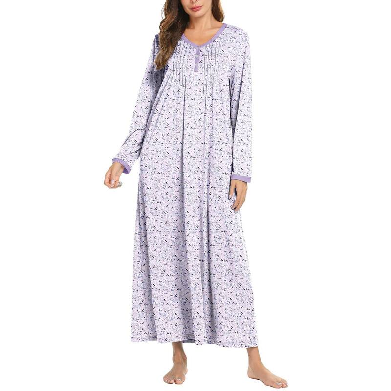 エコアー レディース アンダーお召しもの ナイト爵お召しもの プルオーバー Ekouaer Women\u0027s Long Sleeve Nightgown Fullength Sleepwear Long Sleepshirts Henley Sleep Dress Purple Print パープル