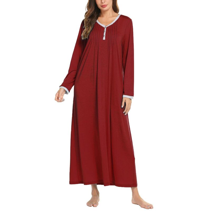 エコアー レディース アンダーお召しもの ナイト爵お召しもの プルオーバー Ekouaer Women\u0027s Long Sleeve Nightgown Fullength Sleepwear Long Sleepshirts Henley Sleep Dress Wine Red 赤いこと