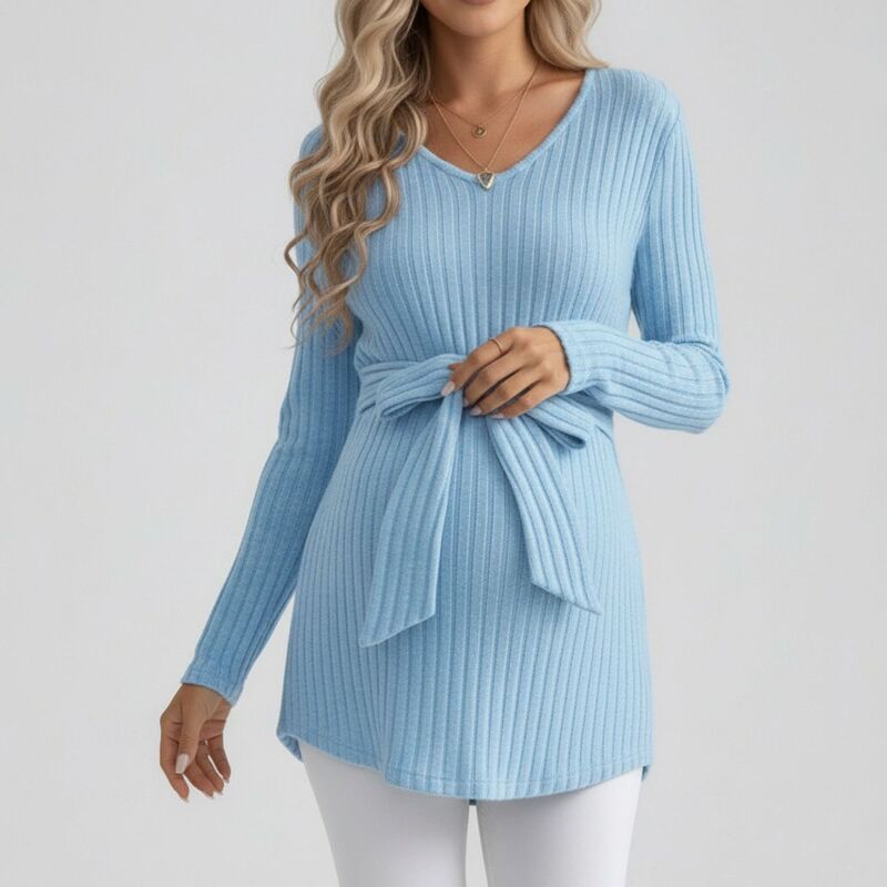 アンナカシ レディース トップス プルオーバー Vのど首 肋材 編み物 マタニティ Anna-Kaci Women\u0027s Maternity Ribbed Knit Long Sleeve Tunic Top with V Neck Tie Waist Soft Stretch Shirt Light Blue 青色