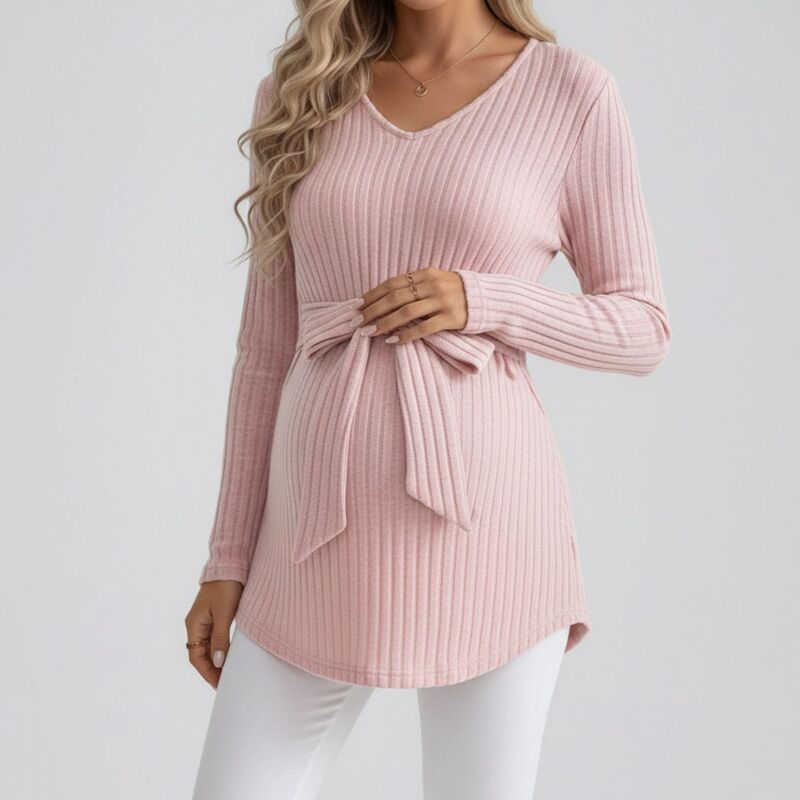 アンナカシ レディース トップス プルオーバー Vのど首 肋材 編み物 マタニティ Anna-Kaci Women\u0027s Maternity Ribbed Knit Long Sleeve Tunic Top with V Neck Tie Waist Soft Stretch Shirt Pink サクラ色