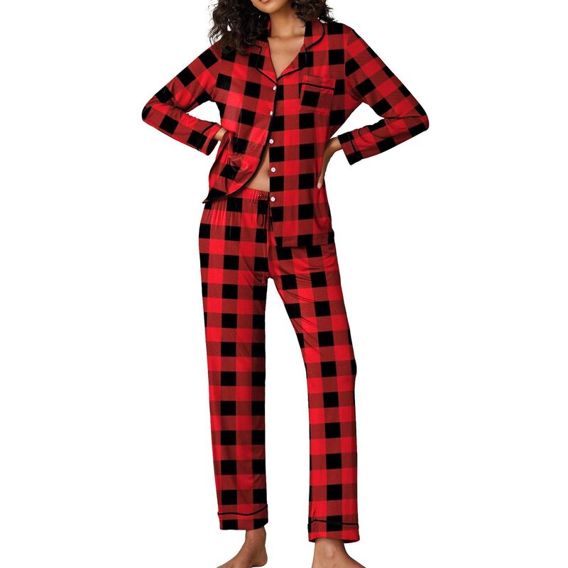 エコアー レディース アンダーお召しもの ナイト爵お召しもの 名取り草落ちこむ Ekouaer Pajamas Women\u0027s Long Sleeve Sleepwear Soft Button Down Loungewear Pjs Lounge Set Nightwear Black Red Plaid 黒いこと
