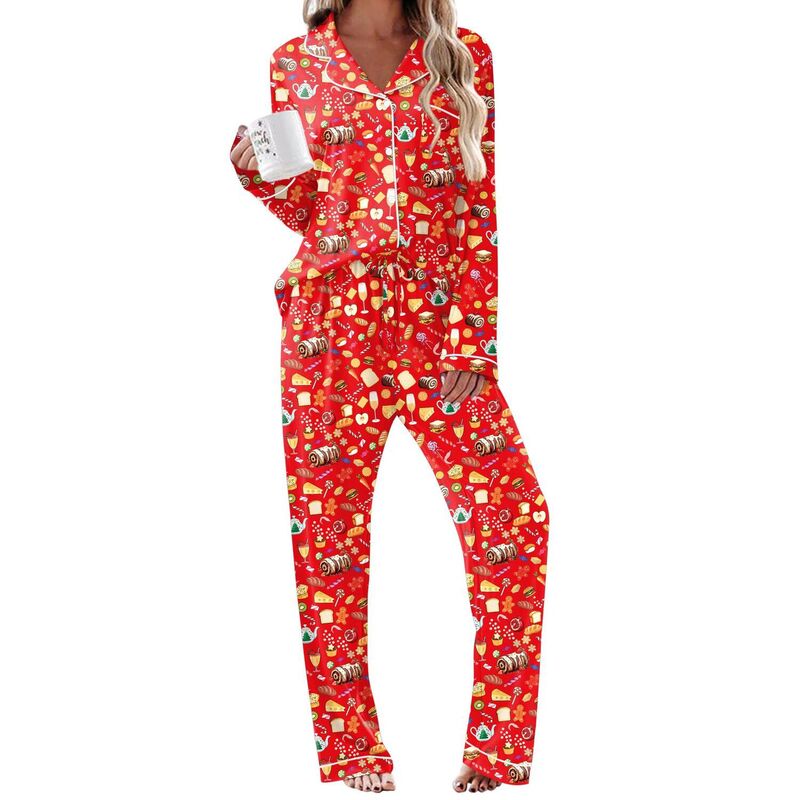 エコアー レディース アンダーお召しもの ナイト爵お召しもの 名取り草落ちこむ Ekouaer Pajamas Women\u0027s Long Sleeve Sleepwear Soft Button Down Loungewear Pjs Lounge Set Nightwear Christmas Red Food 赤いこと