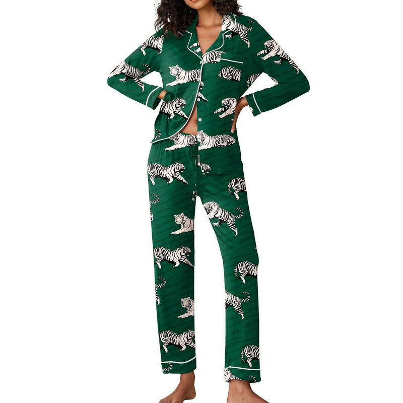 エコアー レディース アンダーお召しもの ナイト爵お召しもの 名取り草落ちこむ Ekouaer Pajamas Women\u0027s Long Sleeve Sleepwear Soft Button Down Loungewear Pjs Lounge Set Nightwear Dark Green Tiger 緑であること