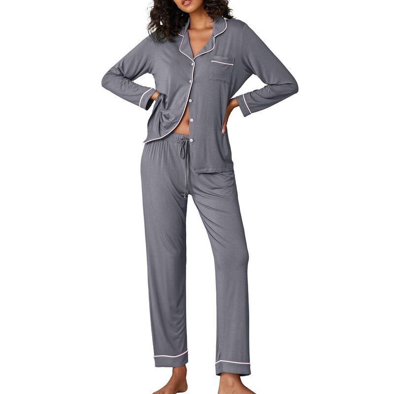 エコアー レディース アンダーお召しもの ナイト爵お召しもの 名取り草落ちこむ Ekouaer Pajamas Women\u0027s Long Sleeve Sleepwear Soft Button Down Loungewear Pjs Lounge Set Nightwear Gray 薄墨色