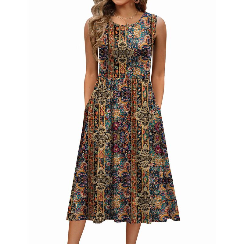 ジーグー レディース トップス ワンピース A ライン ミディ シャツ ノースリーブ Zeagoo Women'sleeveless Round Neck Midi Tshirt Dress Casualoose Fit A Line Shift Sundress Boho Print｜ReVida 店