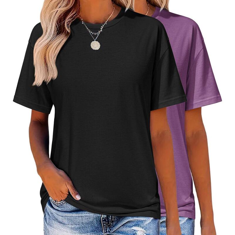 ジーグー レディース トップス プルオーバー 労働者の一団のど首 Zeagoo Women\u0027s Comfy Casual Crew Neck T-Shirts 2 Pack Short Sleeve Tops Black Purple 黒いこと