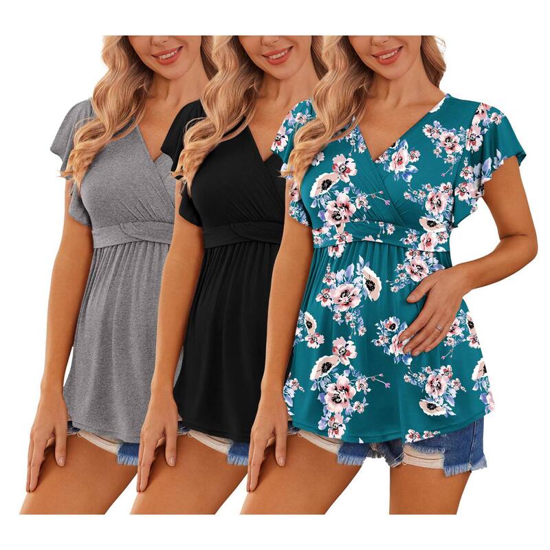 エコアー レディース トップス プルオーバー 御花柄 マタニティ 御花 Ekouaer Maternity Shirts Flying Short Sleeve 3 Packs Nursing Tops Pregnancy Tee Floral Black Floral Teal 黒いこと