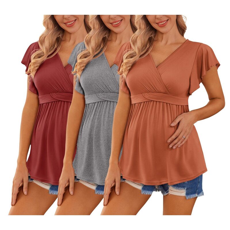 エコアー レディース トップス Tシャツ フラワー柄 マタニティ フラワー Ekouaer Maternity Shirts Flying Short Sleeve 3 Packs Nursing Tops Pregnancy Tee Floral Caramel Grey Wine Red グレー｜ReVida 店
