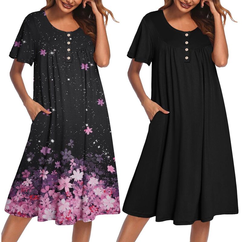 エコアー レディース アンダーお召しもの ナイト爵お召しもの Ekouaer Two Pack House Dresses for Women Short Sleeve Moomoo Nightgown Mumu Dress Lounge Dress Cherry Black 黒いこと