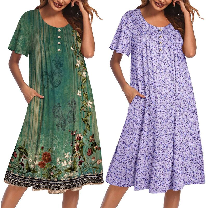 エコアー レディース アンダーお召しもの ナイト爵お召しもの Ekouaer Two Pack House Dresses for Women Short Sleeve Moomoo Nightgown Mumu Dress Lounge Dress Floral Green Floral 緑であること