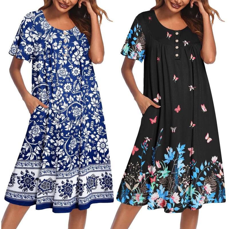 エコアー レディース アンダーお召しもの ナイト爵お召しもの Ekouaer Two Pack House Dresses for Women Short Sleeve Moomoo Nightgown Mumu Dress Lounge Dress Flowers Blue Black 黒いこと