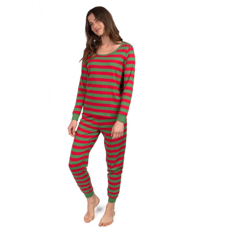 レベレット レディース アンダーウェア ナイトウェア コットン Leveret Womens Two Piece Cotton Pajamastriped Red Green レッド|ReVida 店