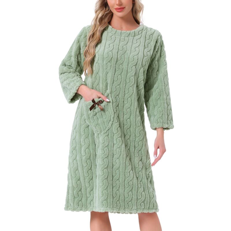 インスパイア シック レディース アンダーウェア ナイトウェア フリース INSPIRE CHIC Women's Flannel Nightgown Fuzzy Fleece O Neck Pullover Nightdress Winter Sleepdress with Pocket Light Green グリーン｜ReVida 店 11,235円