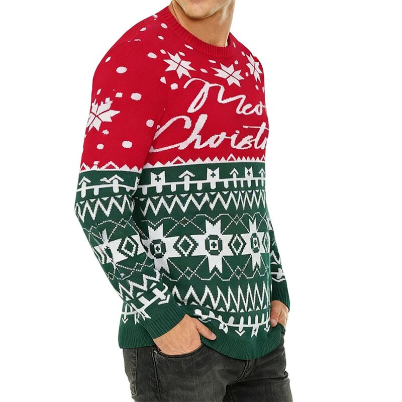 クリアフラワー レディース アウター ニット・セーター クルーネック ClearFlower Mens Long Sleeve Crewneck Color Block Christmasweater Tops Green And Red レッド|ReVida 店