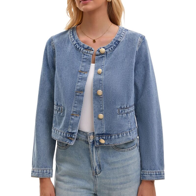 インスパイア シック レディース アウター ジャケット・ブルゾン ボタンダウン デニム INSPIRE CHIC Women's Collarless Denim Jacket Long Sleeve Button Down Jean Jacketsky Blue ブルー|ReVida 店