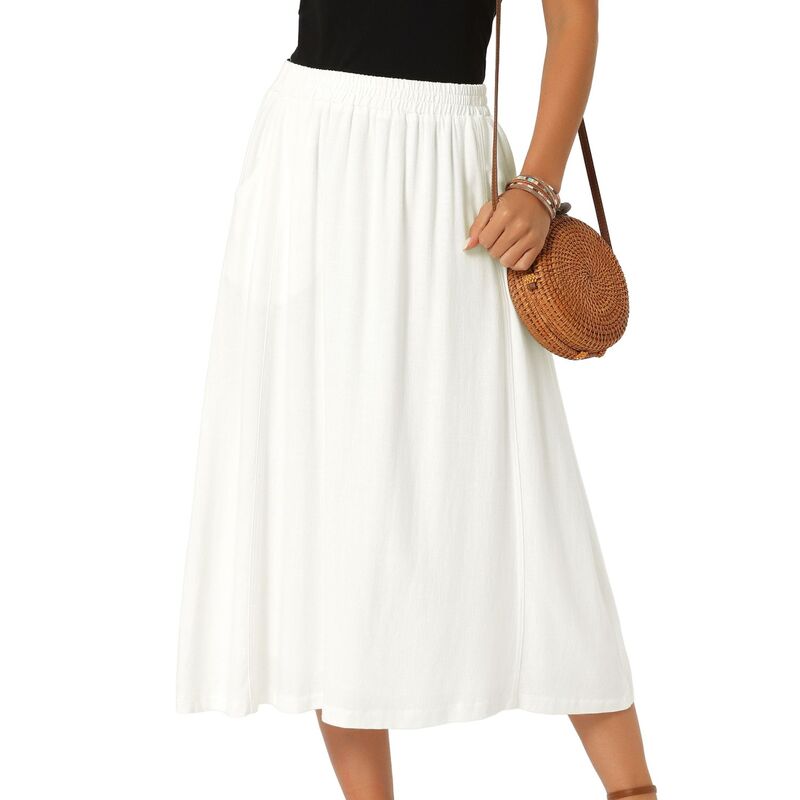 インスパイア シック レディース ボトムスカート A ライン ハイウエスト ミディ リネン INSPIRE CHIC Women's Linen Skirt Summer Casual Flowy Swing Elastic High Waist A-Line Boho Midi Skirt with Pockets White ホワイト|ReVida 店