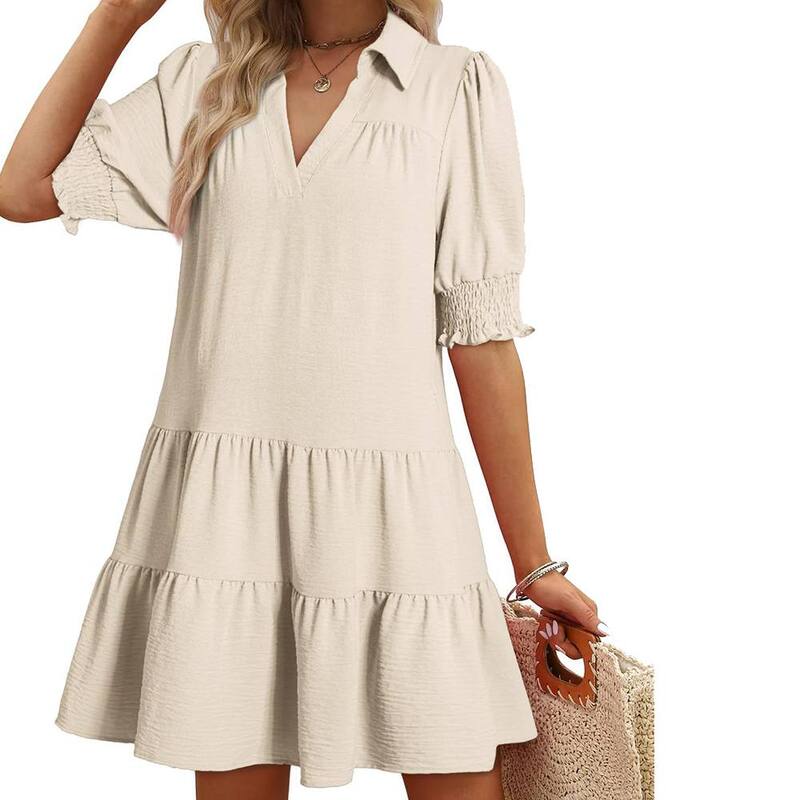 ジョイジョイ レディース トップス ワンピース Vネック フリル パッチワーク JoyJoy Women Summeruffledress Loose Collared V-Neck Patchwork Puff Sleeversatile Short Sleeve Dress Beige ベージュ｜ReVida 店