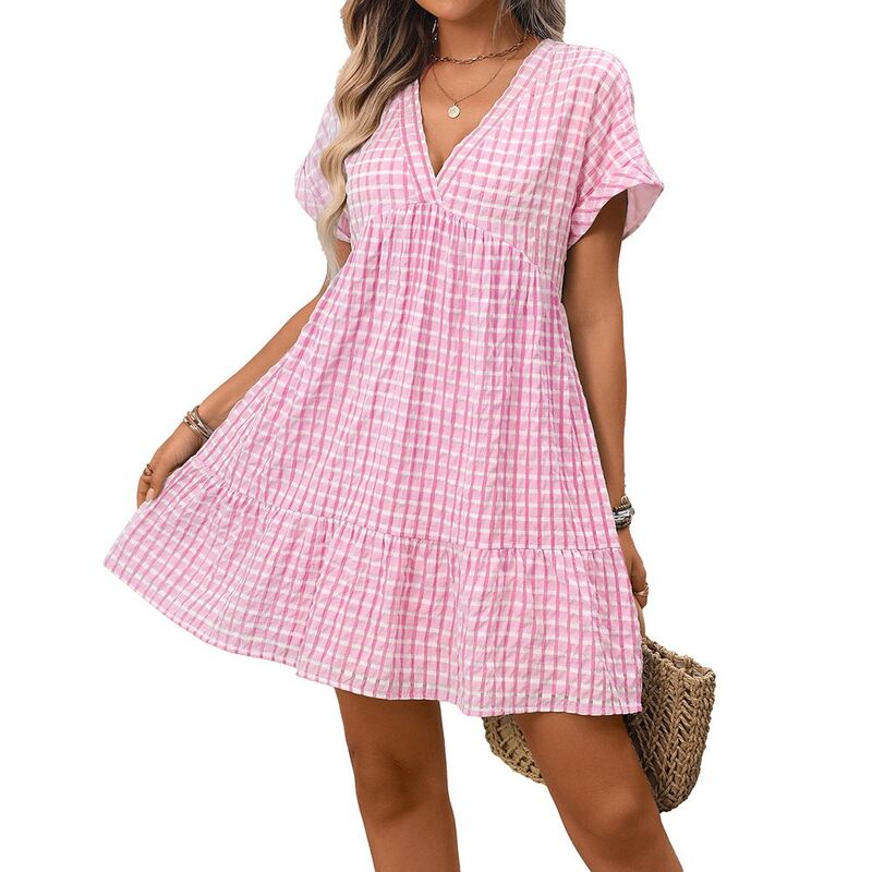 ジョイジョイ レディース トップス ワンピース Vネック フリル JoyJoy Women's Plaid Ruffle Dressummer Deep V Neck Half Sleeve Flowy Dresses Pink ピンク｜ReVida 店