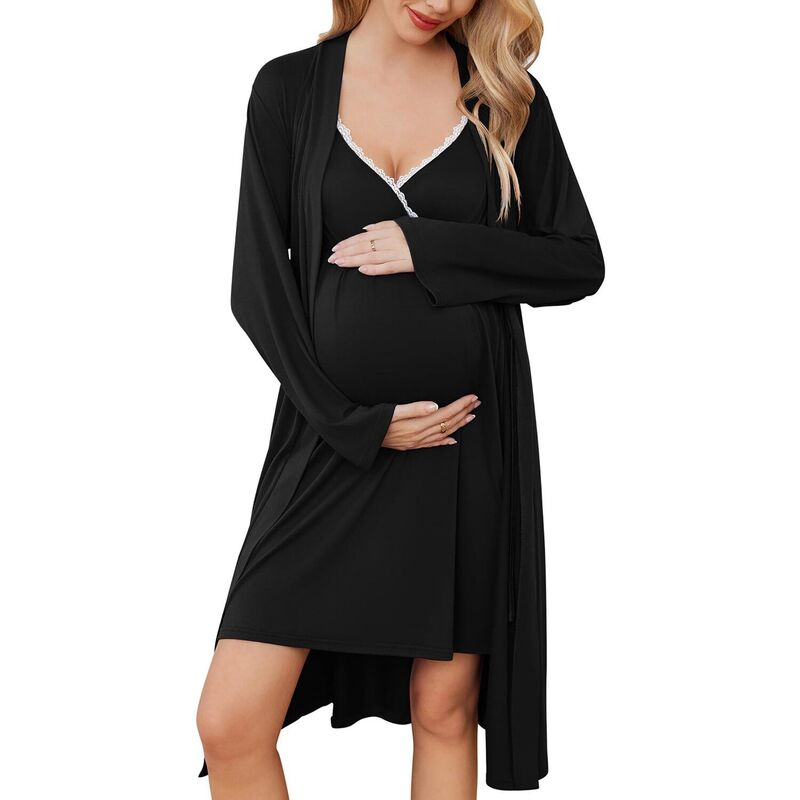 エコアー レディース アンダーお召しもの ナイト爵お召しもの マタニティ Ekouaer Maternity Nursingown and Robe Set Nursing 1 Labor Delivery Nightgowns for Hospital Black 黒いこと