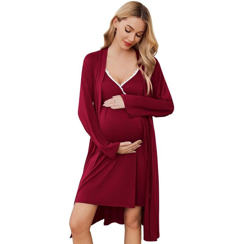 エコアー レディース アンダーお召しもの ナイト爵お召しもの マタニティ Ekouaer Maternity Nursingown and Robe Set Nursing 1 Labor Delivery Nightgowns for Hospital Burgundy Wine Red 赤いこと