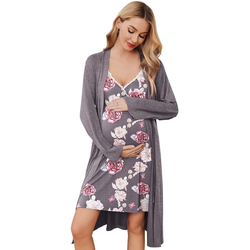 エコアー レディース アンダーお召しもの ナイト爵お召しもの マタニティ Ekouaer Maternity Nursingown and Robe Set Nursing 1 Labor Delivery Nightgowns for Hospitalight Grey Flower 薄墨色