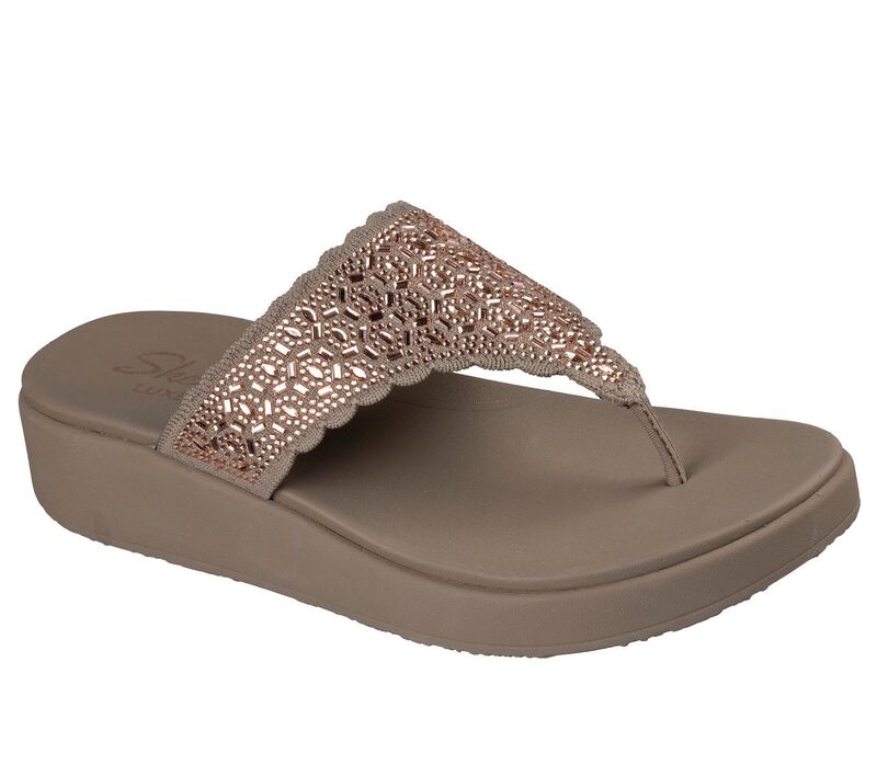 スケッチャーズ レディース シューズ サンダル Skechers Vinyasa Luxe Women's Bedazzled Cushioned Sandals Dark Taupe トープ|ReVida 店