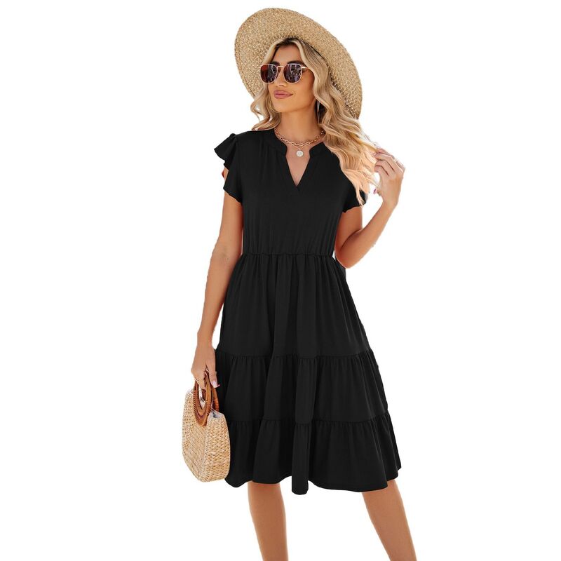 セオリア レディース トップス ワンピース Vネック フリル ミディ Seoria Womens Midi Dress V-Neck Short Sleeve Ruffle Sundress Casual Beach Summer Dress Black ブラック｜ReVida 店