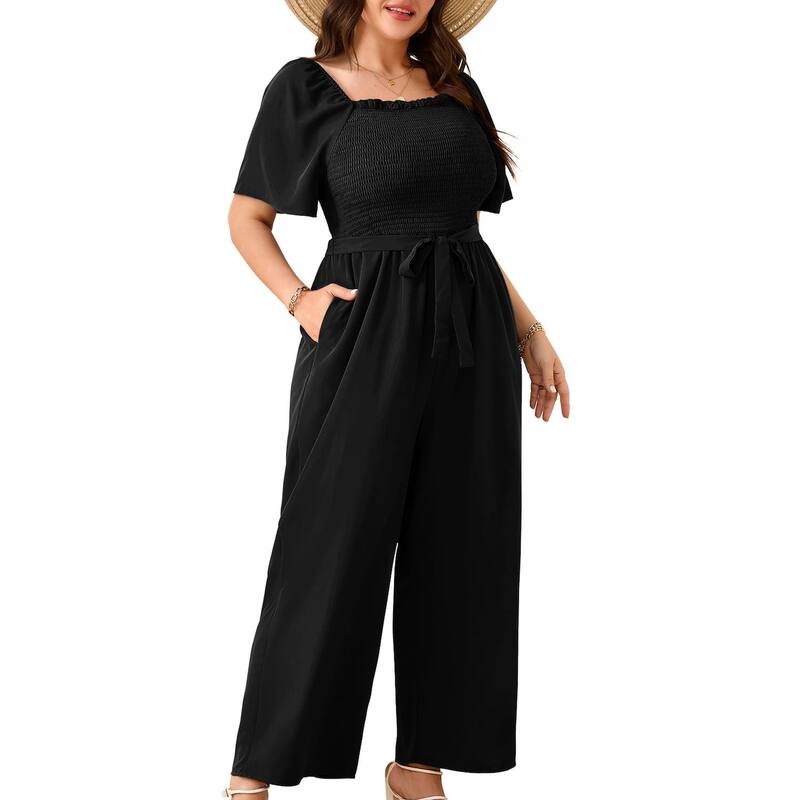 クリアフラワー レディース トップス ワンピース ワイドレッグ プラスサイズ シャーリング ジャンプスーツ ClearFlower Women's Plusize Wide Leg Jumpsuit Summer Square Neck Smocked Self-Tie Waist Casual Jumpsuits Black ブラック|ReVida 店