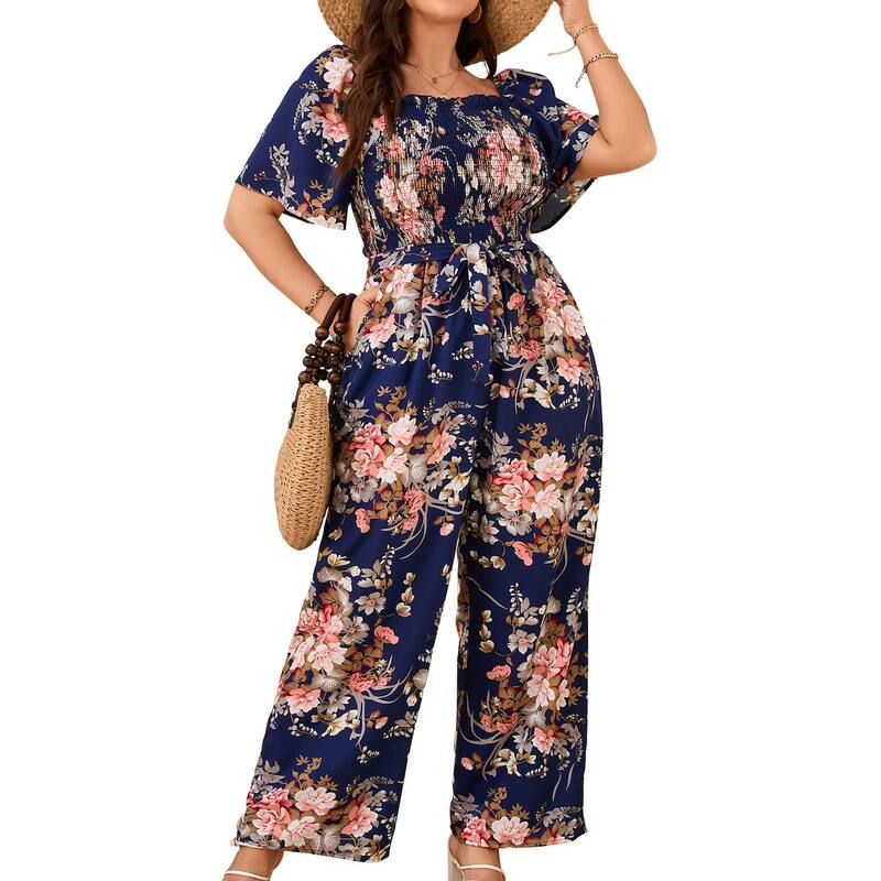 クリアフラワー レディース トップス ワンピース ワイドレッグ プラスサイズ シャーリング ジャンプスーツ ClearFlower Women's Plusize Wide Leg Jumpsuit Summer Square Neck Smocked Self-Tie Waist Casual Jumpsuits Navy Large Floral ネイビー|ReVida 店