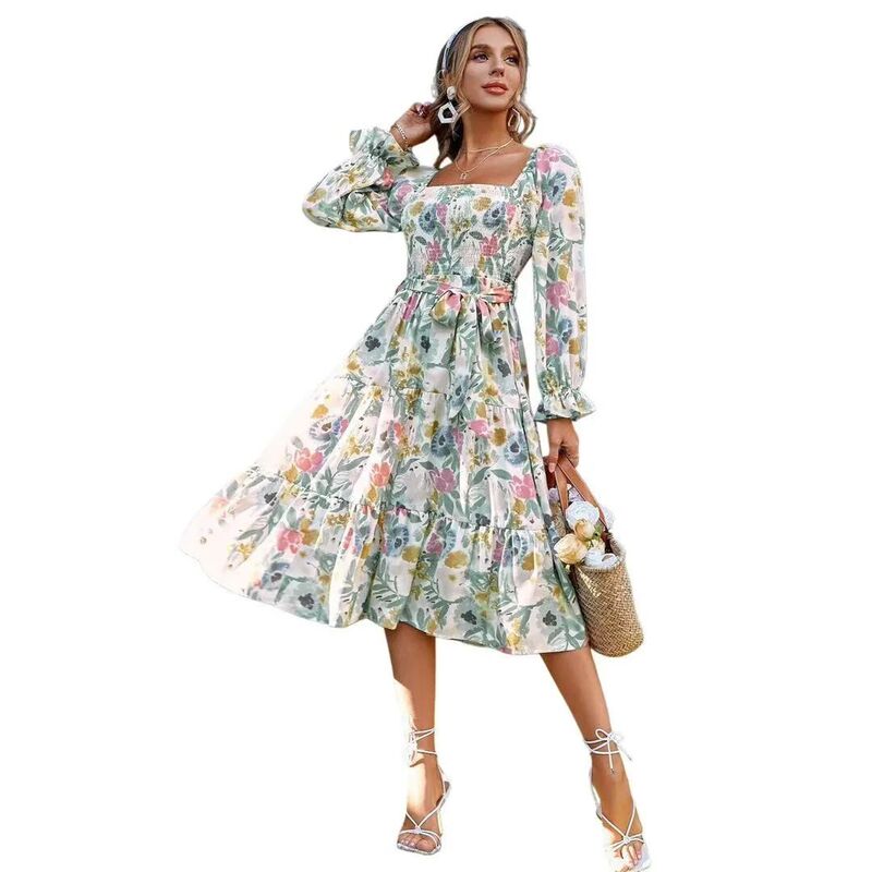 クリアフラワー レディース トップス ワンピース フラワー柄 プリント フリル ミディ シャーリング ClearFlower Women'square Neck Smocked Midi Dress Casual Ruffle Long Sleeve Floral Print Flowy Party Dresses Green Floral グリーン|ReVida 店