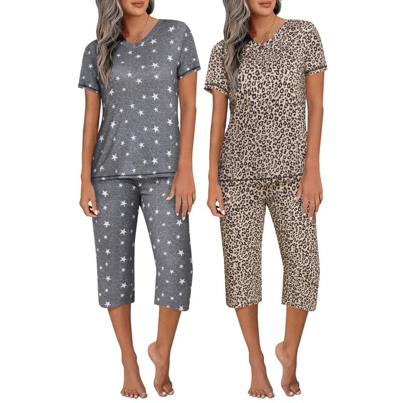 エコアー レディース アンダーお召しもの ナイト爵お召しもの Vのど首 ズボン下 旗がしら Ekouaer 2 Pack Women\u0027s Capri Pajama Setshort Sleeve 2 Piece Pjs V Neck Tops \u0026 Pants Grey Leopard 薄墨色