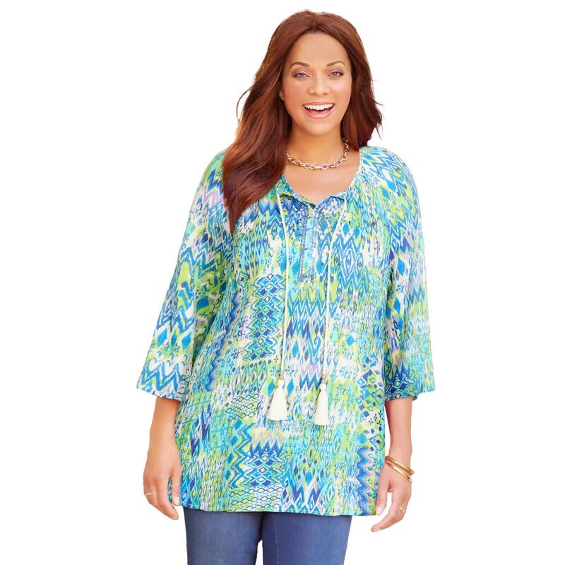 キャサリンズ レディース トップス シャツ プラスサイズ スパンコール ブラウス Catherines Women's Plusize Sequin Trim Gauze Peasant Blouse Aqua Ikat Patchwork アクア|ReVida 店
