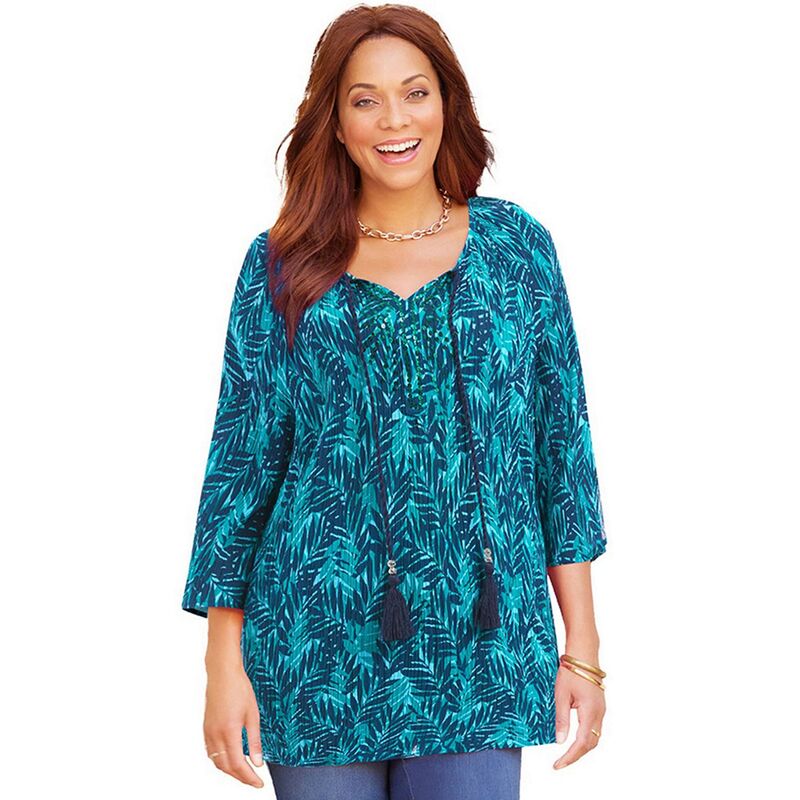 キャサリンズ レディース トップス シャツ プラスサイズ スパンコール ブラウス Catherines Women's Plusize Sequin Trim Gauze Peasant Blouse Waterfall Palm Leaves｜ReVida 店