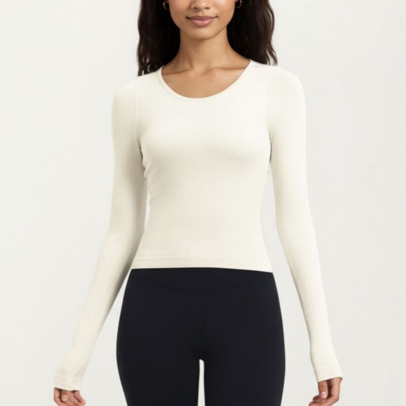 アンナカシ レディース トップス Tシャツ クルーネック リブ Anna-Kaci Womens's Ribbed Long Sleeve Fitted Top with Crew Neck and Thumbhole Cuffs Off White オフホワイト|ReVida 店