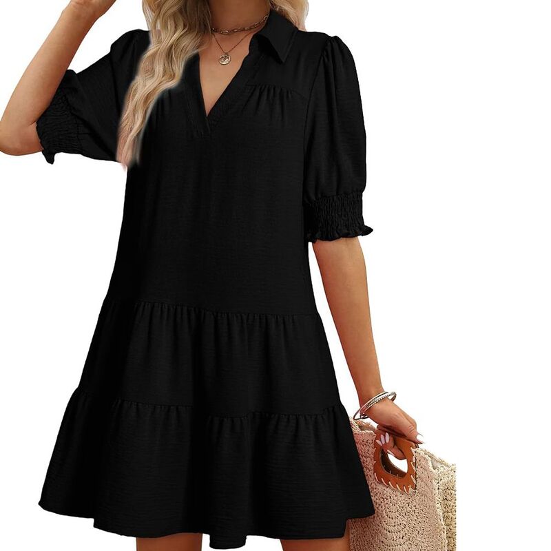 ジョイジョイ レディース トップス ワンピース Vネック フリル パッチワーク JoyJoy Women Summeruffledress Loose Collared V-Neck Patchwork Puff Sleeversatile Short Sleeve Dress Black ブラック｜ReVida 店