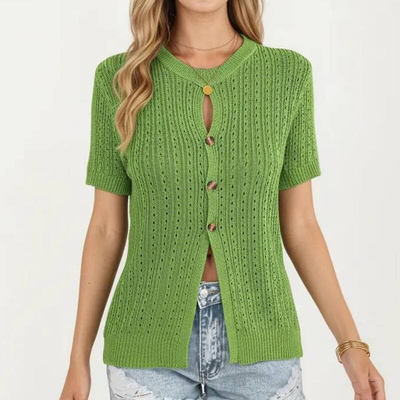 アンナカシ レディース アウター ニット・セーター リラックスフィット クルーネック Anna-Kaci Women'short Sleeve Open Knit Button Front Sweater Top with Crew Neck and Relaxed Fit Green グリーン|ReVida 店