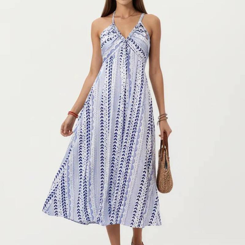 アンナカシ レディース トップス ワンピース A ライン ミディ スカート シャーリング ホルター Anna-Kaci Women's Halter Neck Midi Dress with V Neckline Smocked Bodice and Flowing A-Line Skirt Blue ブルー｜ReVida 店