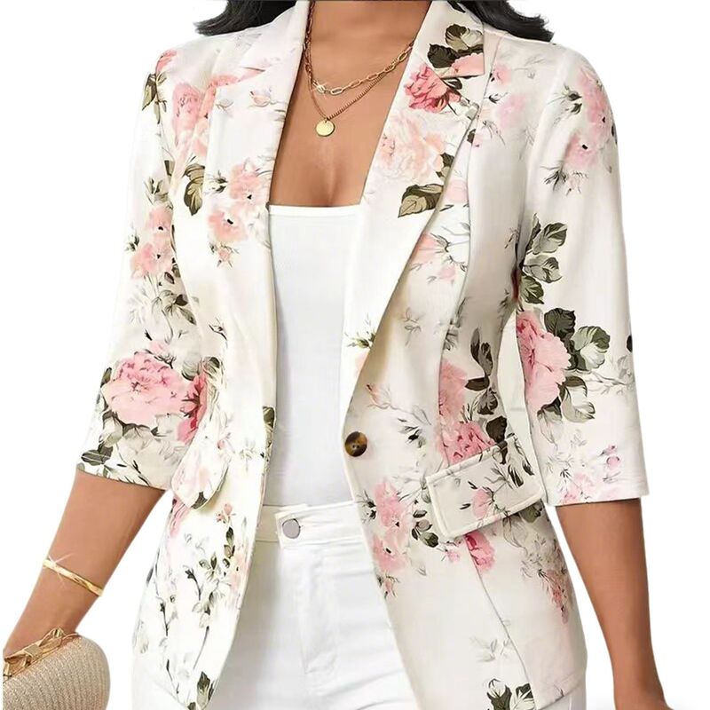 クリアフラワー レディース アウター ジャケット・ブルゾン フラワー柄 プリント シャツ ブレザー ClearFlower Women's Floral Print Fitted 3/4 Long Sleeve Jacket Summer Casual Single Button Front Blazer Shirt Pink ピンク|ReVida 店
