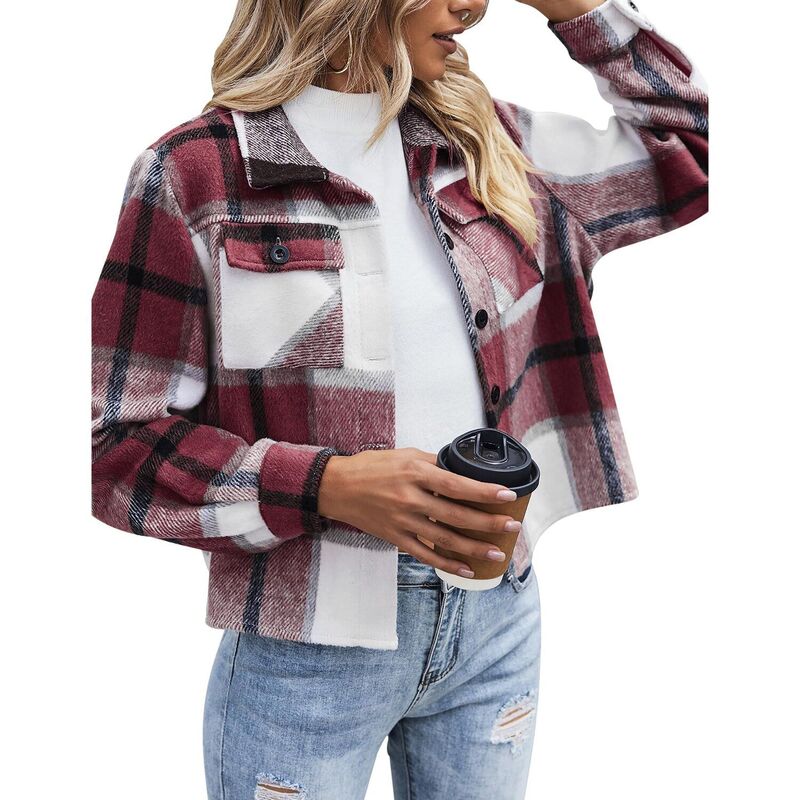 ジーグー レディース アウター ジャケット・ブルゾン ボタンダウン コート ダウン クロップド Zeagoo Shacket Women Cropped Flannel Plaid Button Down Jacket Houndstooth Casual Fall Fashion Coats Burgundy Plaid バーガンディ｜ReVida 店