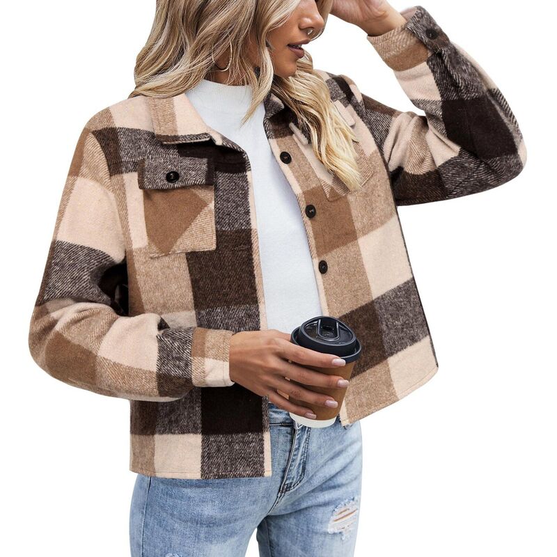ジーグー レディース アウター ジャケット・ブルゾン ボタンダウン コート ダウン クロップド Zeagoo Shacket Women Cropped Flannel Plaid Button Down Jacket Houndstooth Casual Fall Fashion Coats Light Brown Plaid ブラウン｜ReVida 店