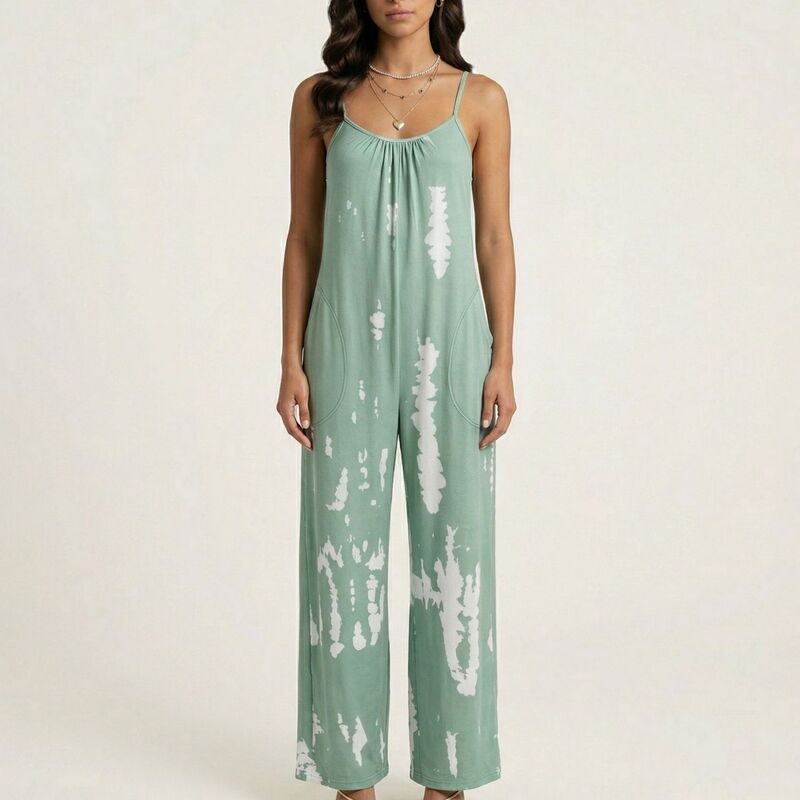 アンナカシ レディース トップス ワンピース リラックスフィット ワイドレッグ ノースリーブ ジャンプスーツ Anna-Kaci Sleeveless Tie Dye Wide Leg Jumpsuit with Spaghetti Strapside Pockets Relaxed Fit Green グリーン｜ReVida 店