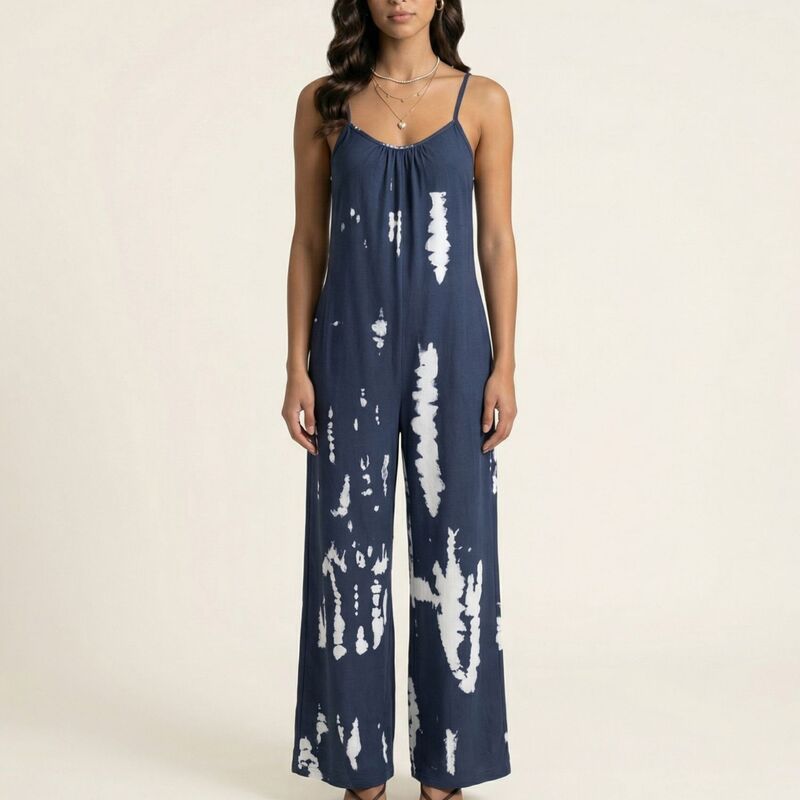 アンナカシ レディース トップス ワンピース リラックスフィット ワイドレッグ ノースリーブ ジャンプスーツ Anna-Kaci Sleeveless Tie Dye Wide Leg Jumpsuit with Spaghetti Strapside Pockets Relaxed Fit Navy ネイビー|ReVida 店