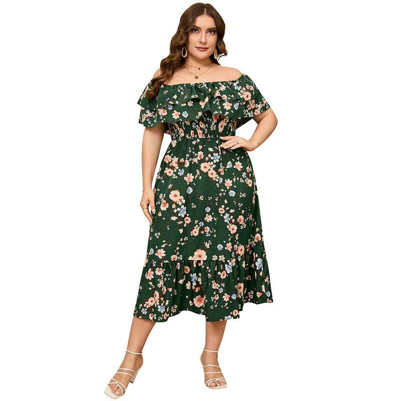ジョイジョイ レディース トップス ワンピース フラワー柄 プラスサイズ フリル ミディ シャーリング フラワー JoyJoy Plusize Off Shoulder Midi Dress Ruffle Layer Smocked Waist Floral & Solid Casual Dress Dark Green Flower グリーン|ReVida 店