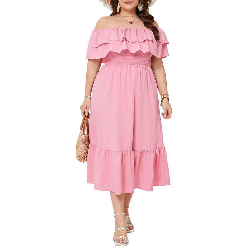 ジョイジョイ レディース トップス ワンピース フラワー柄 プラスサイズ フリル ミディ シャーリング フラワー JoyJoy Plusize Off Shoulder Midi Dress Ruffle Layer Smocked Waist Floral & Solid Casual Dress Pink ピンク|ReVida 店