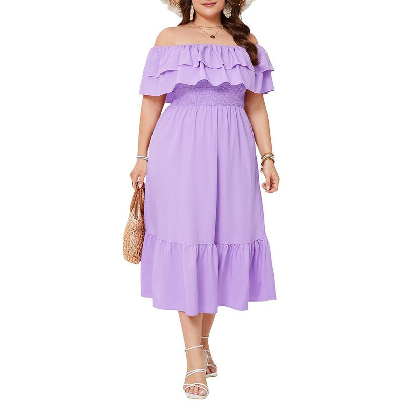 ジョイジョイ レディース トップス ワンピース フラワー柄 プラスサイズ フリル ミディ シャーリング フラワー JoyJoy Plusize Off Shoulder Midi Dress Ruffle Layer Smocked Waist Floral & Solid Casual Dress Purple パープル｜ReVida 店